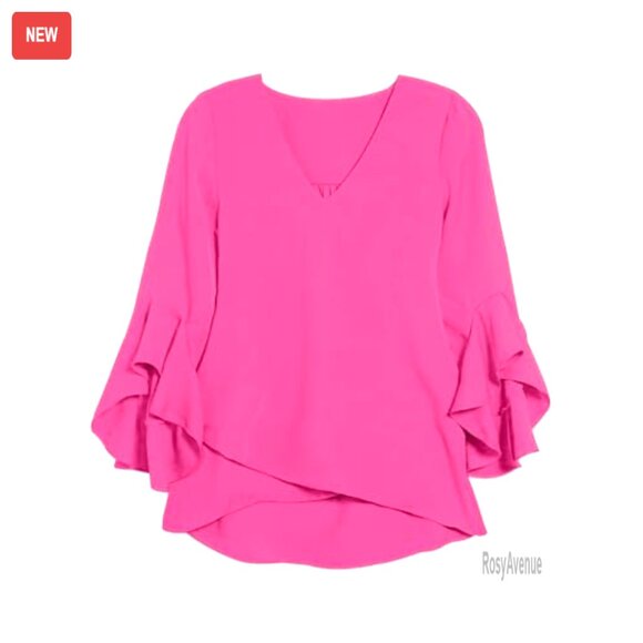 Ruffle 3/4 Sleeve V Neck Blouse Business Casual Tops Lightweight Fabric - Picture 6 of 7